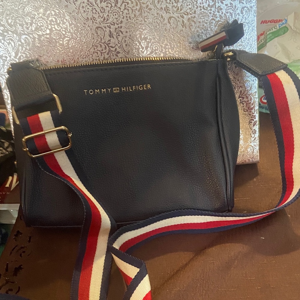 Tommy Hilfiger Black Crossbody Bag with Tricolor Strap
